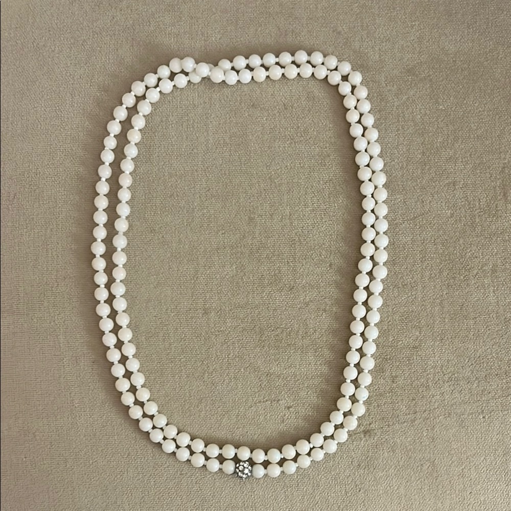 Elegant White Pearl Double-Strand Necklace with Diamante centre bead